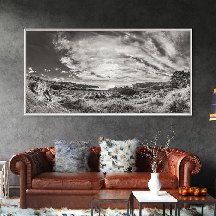 Coastal Hillside Sunset, Vineyard Ocean View, Rolling Landscape Art, Framed Canvas Print, Kitchen Wall Art, California Scenery