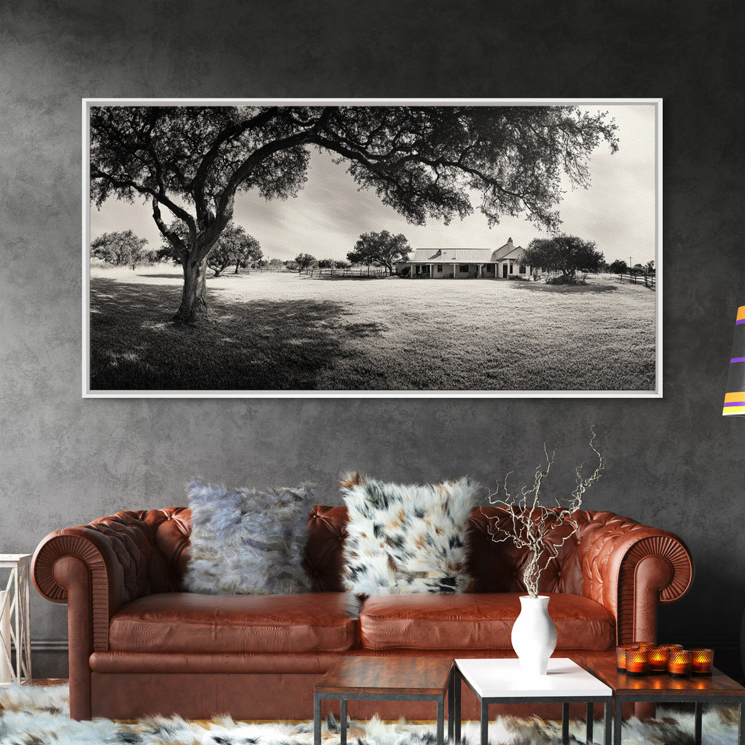Country Farmhouse Shade, Texas Ranch Home, Oak Tree Horizon, Framed Canvas Print, Rustic Decor, Entryway or Dining Room Art