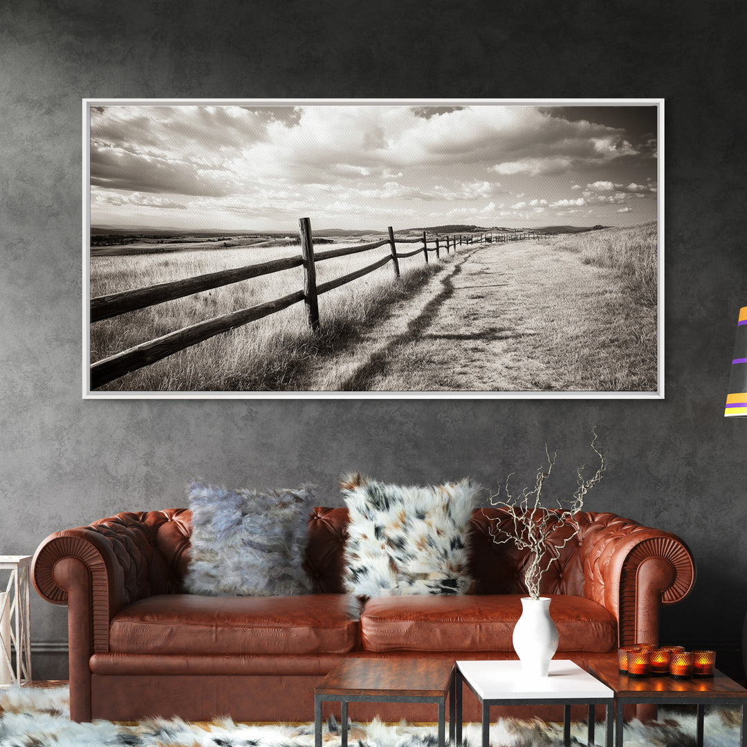 Countryside Fence Trail, Rolling Hills Walk, Prairie Path View, Framed Canvas Print, Western Art, Fall Wall Decor, Office Wall Art
