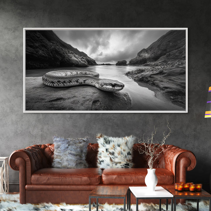 Ocean Snake Landscape, Coastal Creature Scene, Black and White Reptile, Framed Canvas Print, Moody Art, Bedroom or Den Decor