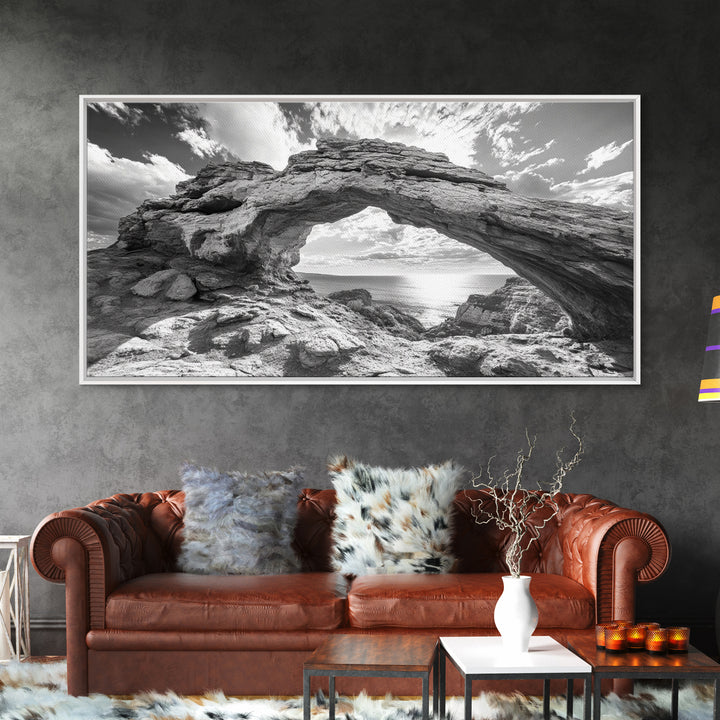 Natural Rock Arch, Seaside Cliff View, Desert Coastal Window, Framed Canvas Print, Boho Earth Tones, Living Room Wall Decor