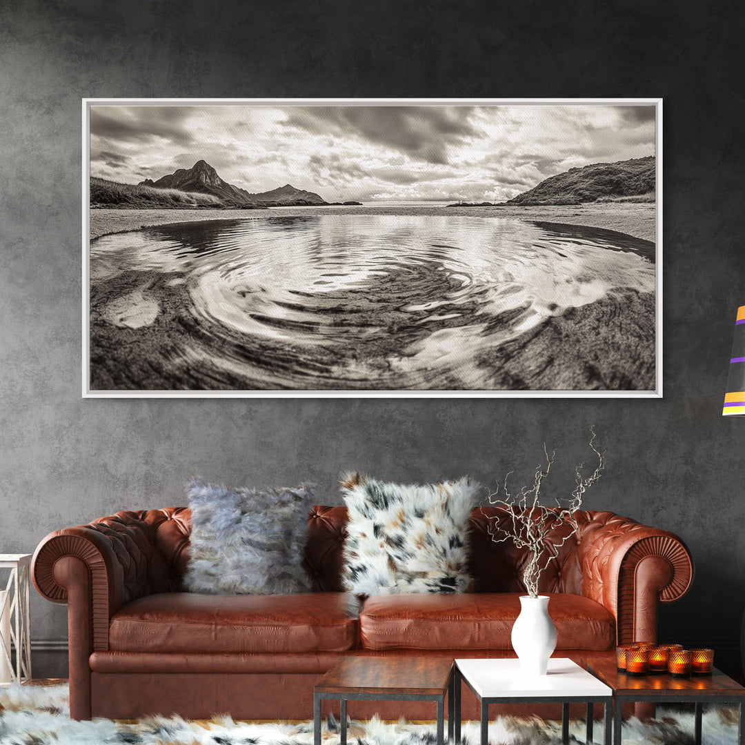 Rippled Water, Mountain View, Serene Beach, Nature Landscape, Canvas Print, minimalist art, spa decor, Scandinavian wall accent