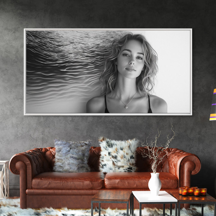 Ocean Texture, Abstract Waves, Modern Female, Artistic Portrait, Canvas Print, fashion wall art, glam room decor, minimal black white