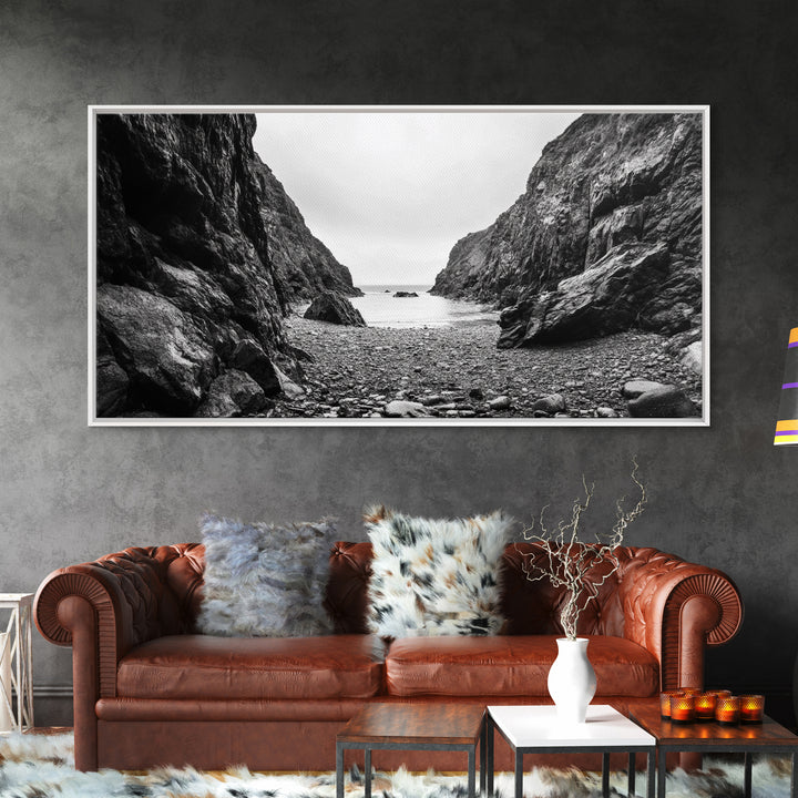 Rocky Cove, Ocean Gap, Cliffside Path, Secluded Coast, Framed Canvas Print, adventure wall art, man cave, grayscale wilderness print