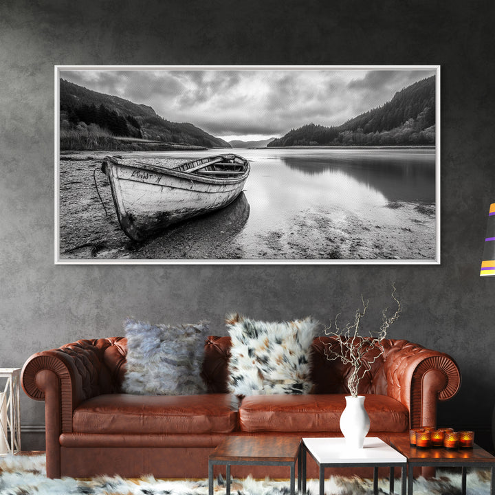 Abandoned Boat, Mountain Lake, Moody Shore, Nature Reflections, Framed Canvas Print, cabin wall art, explorer decor, grayscale nature
