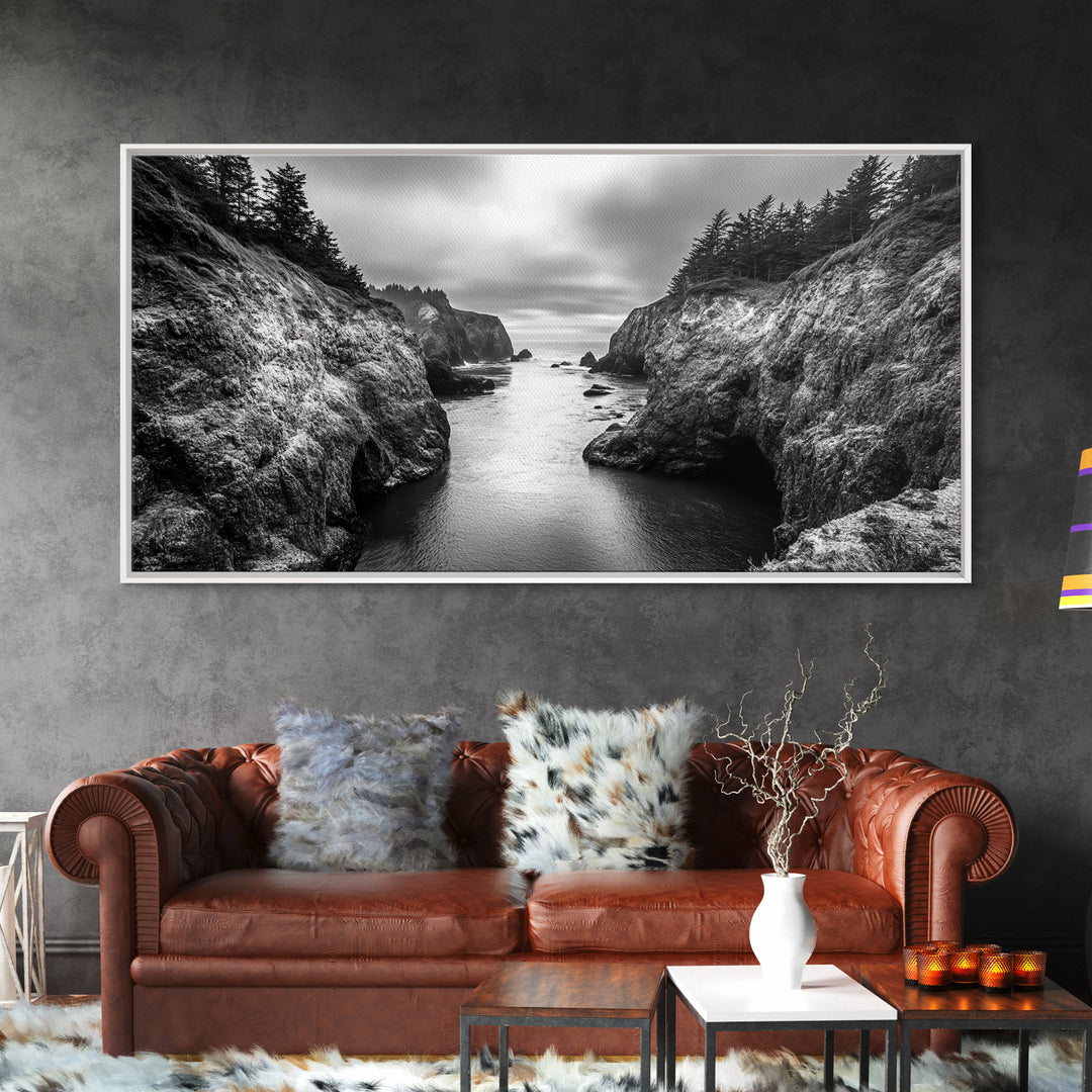 Ocean Passage, Cliff Channel, Rugged Coast, Forest Horizon, Canvas Print, dramatic nature art, large wall piece, hallway landscape art