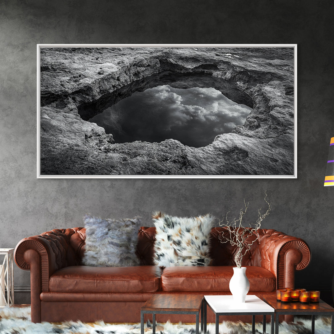 Sky Reflection, Stone Pool, Abstract Nature, Moody Minimalist Art, Framed Canvas Print, Bedroom Wall Art, Contemporary Monochrome Decor