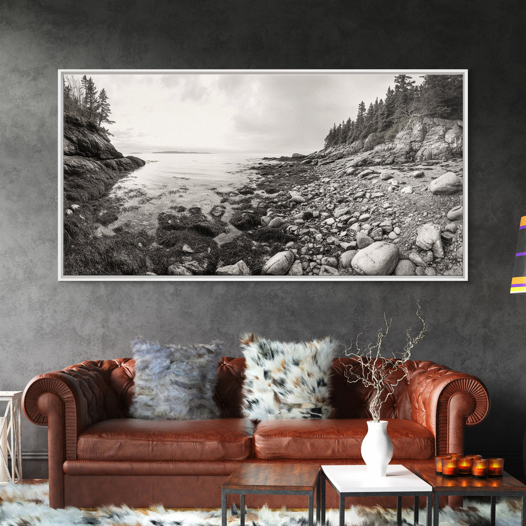 Rocky Coast, Forest Edge, Tranquil Shoreline, Earthy Landscape Scene, Canvas Print, Neutral Home Decor, Rustic Cabin Wall Art