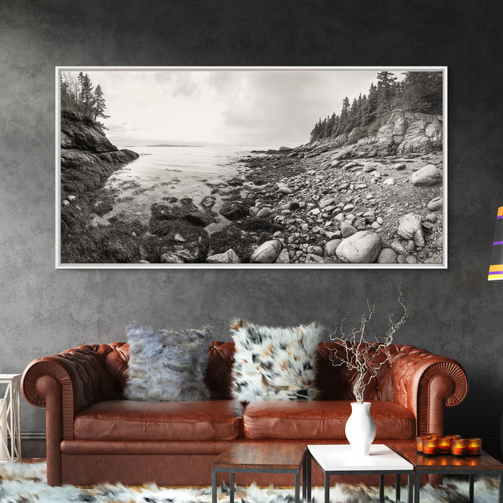 Rocky Coast, Forest Edge, Tranquil Shoreline, Earthy Landscape Scene, Canvas Print, Neutral Home Decor, Rustic Cabin Wall Art