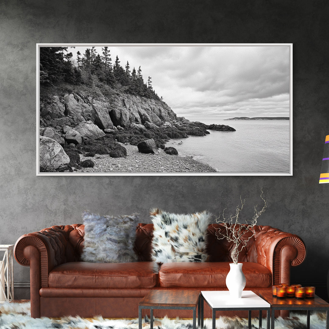 Rocky Shore, Coastal Forest, Black White Landscape, Nature Wall Decor, Framed Canvas Print, Cabin Living Room Art, Fall Inspired Scene