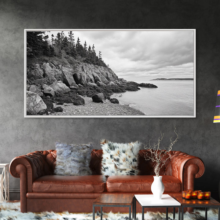 Rocky Shore, Coastal Forest, Black White Landscape, Nature Wall Decor, Framed Canvas Print, Cabin Living Room Art, Fall Inspired Scene
