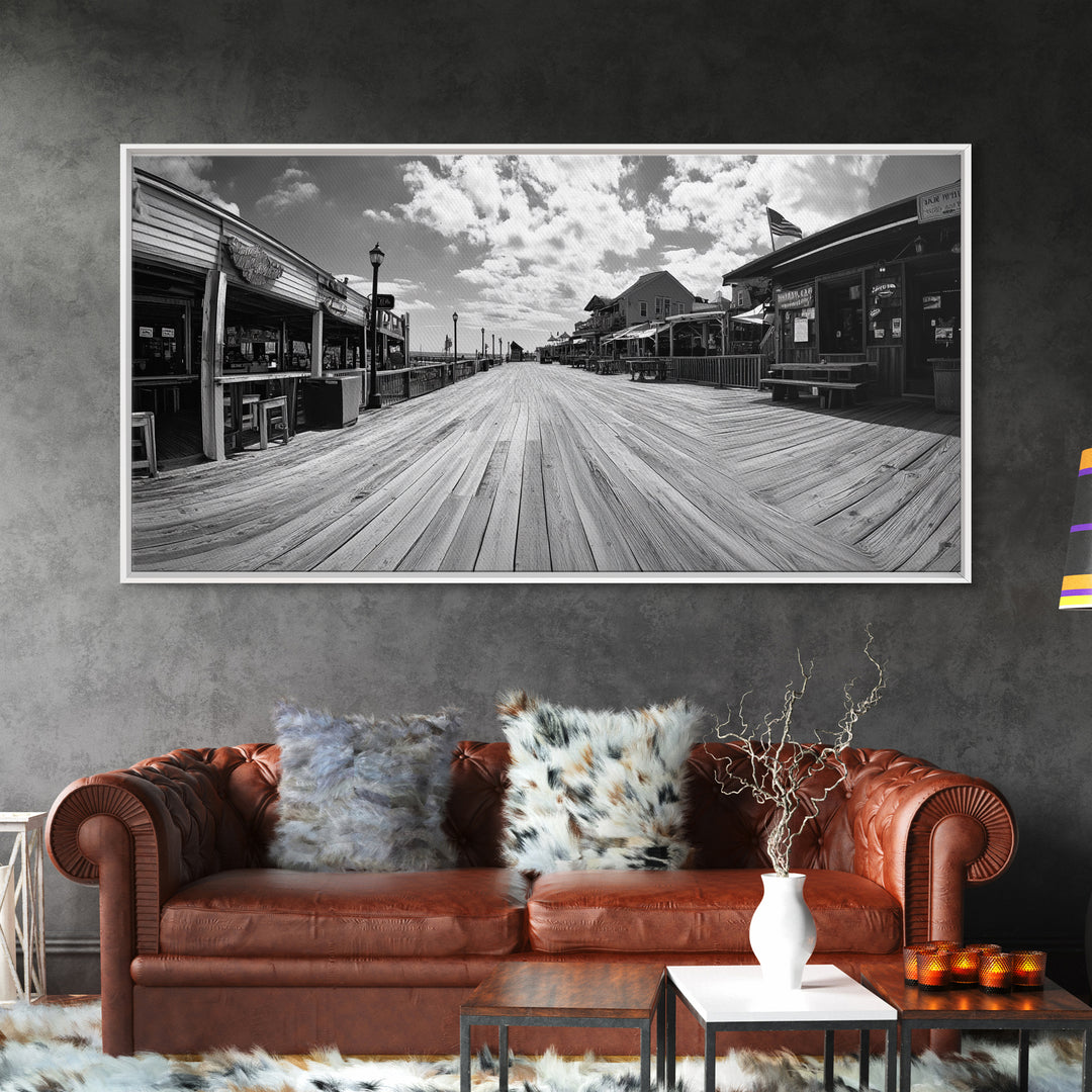 Boardwalk View, Beach Shops, Summer Scene, Coastal Town, Framed Canvas Print, Nautical Wall Art, Dining Room Coastal Decor