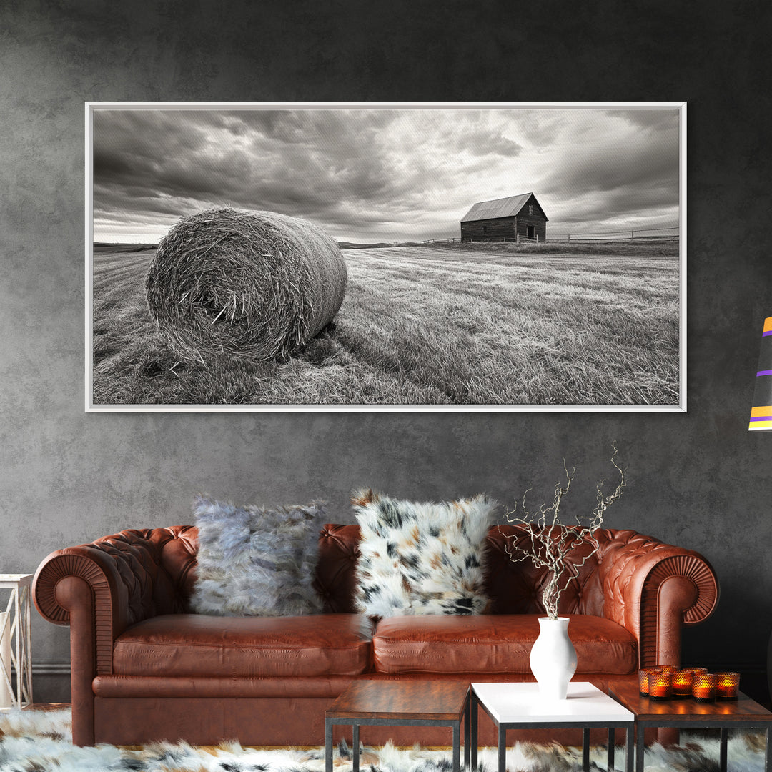 Barn Field, Hay Bale, Rural Farmland Scene, Autumn Countryside Art, Canvas Print, Farmhouse Wall Decor, Rustic Fall Living Room Art