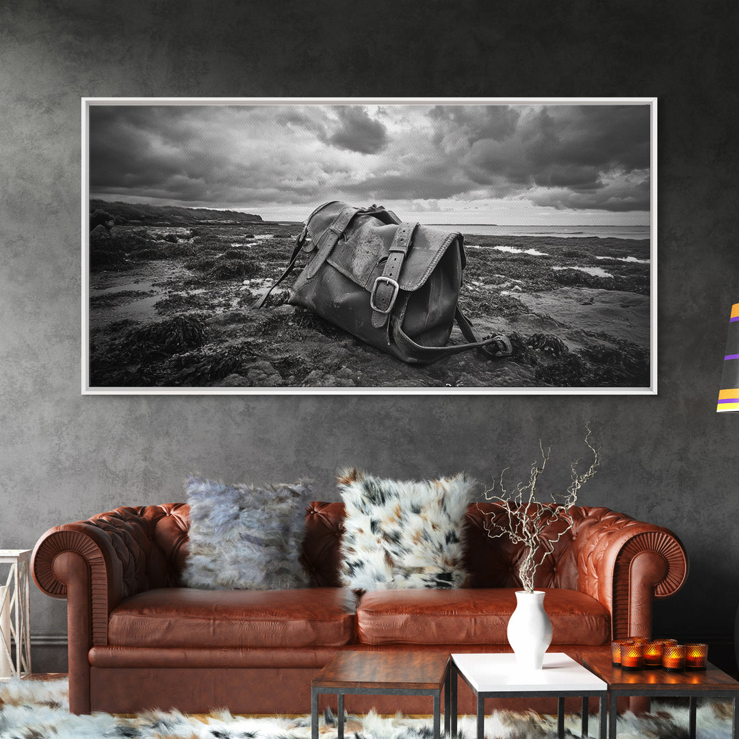 Abandoned Satchel, Coastal Mystery Art, Lost and Found Decor, Moody Beach Scene, Canvas Print, Study Wall Art, Nautical Rustic Aesthetic