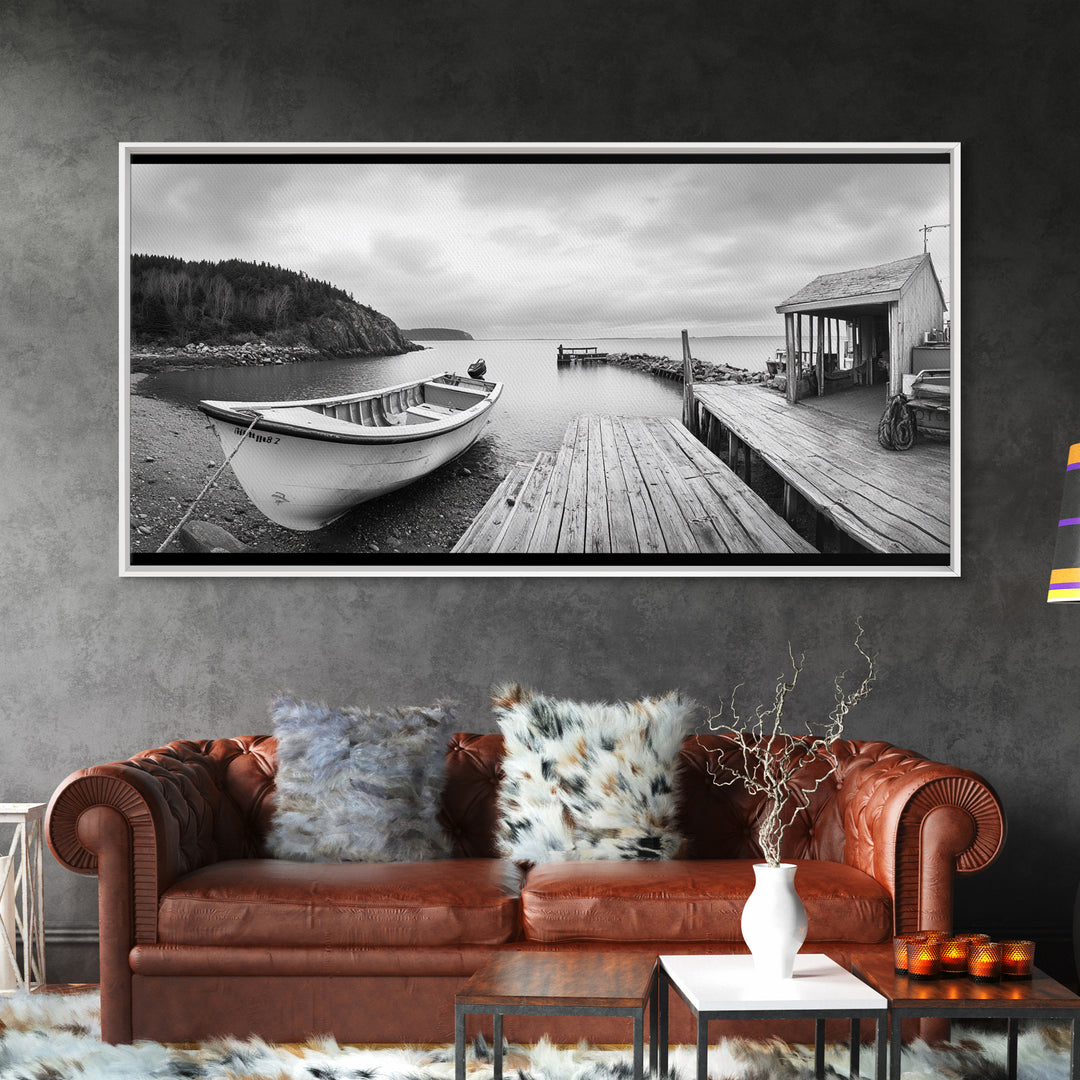 Rowboat Dock, Harbor Scene, Calm Waters, Quiet Morning, Framed Canvas Print, Lakeside Cabin Wall Art, Rustic Nautical Decor, Cabin Decor