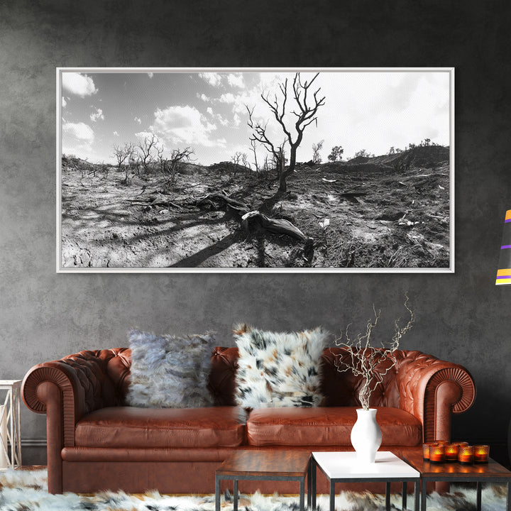 Barren Tree Landscape, Post Fire Terrain, Dystopian Forest Scene, Survival Mood, Canvas Print, Office Wall Art, Dark Nature Decor