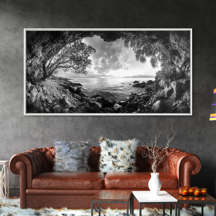 Ocean Cave View, Coastal Tree Framing, Tranquil Sea Scene, Nature Window Art, Framed Canvas Print, Bedroom Wall Art, Zen Decor