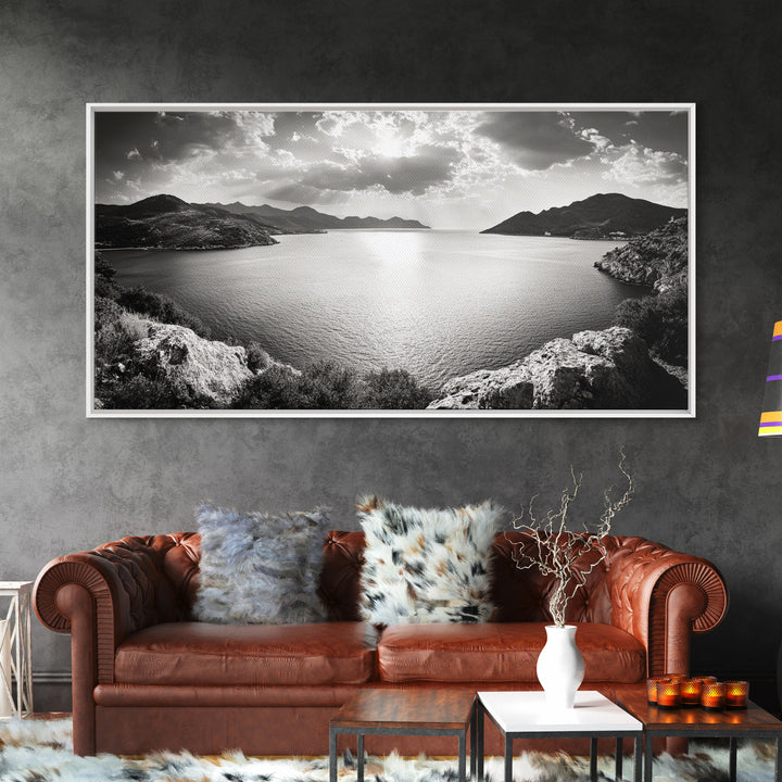 Ocean Sunset View, Mountain Coast Landscape, Black and White Art, Canvas Print, Minimalist Decor, Living Room Wall Art, Tranquil Home Style
