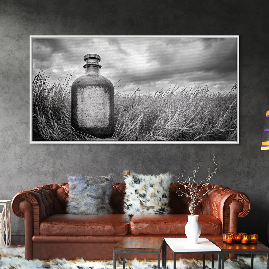 Antique Bottle Field, Rustic Outdoor Scene, Black and White Photography, Framed Canvas Print, Farmhouse Wall Art, Entryway Decor