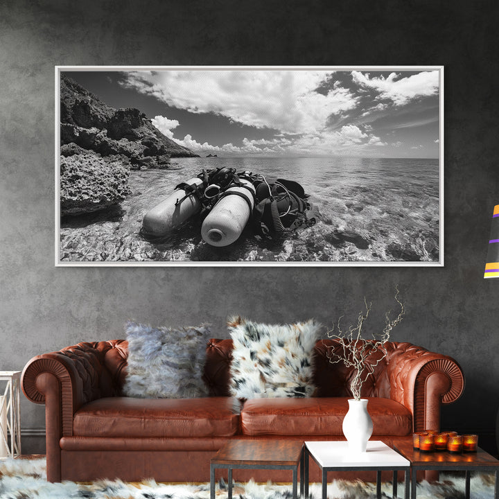 Dive Gear Shoreline, Ocean Exploration Scene, Black and White Adventure Art, Canvas Print, Nautical Decor, Man Cave Wall Art, Nautical Wall Art