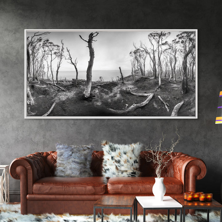 Burnt Forest, Moody Trees, Coastal Landscape, Nature Scene, Framed Canvas Print, Rustic Wall Art, Boho Decor, Fall Home Aesthetic