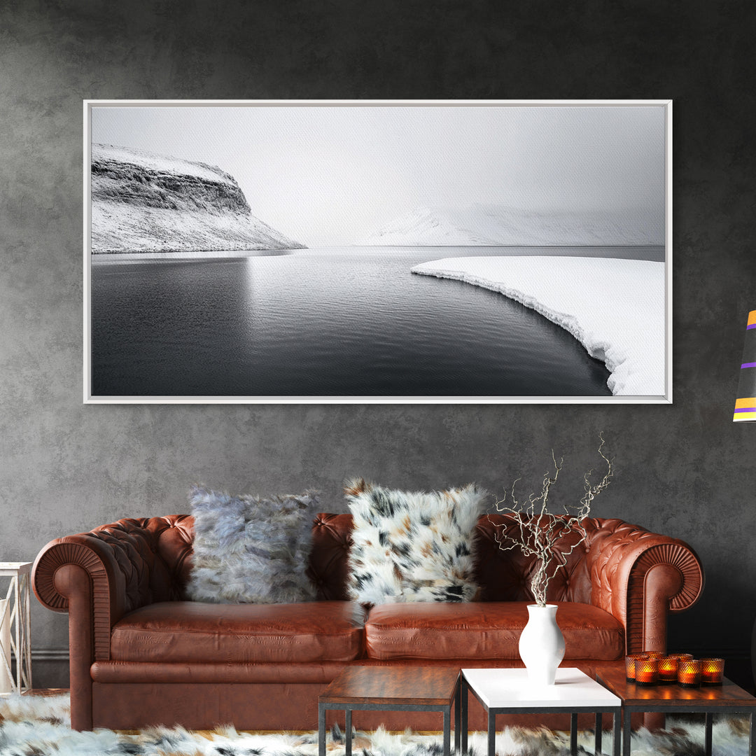 Arctic Coastline Silence, Minimal Snow Scene, Monochrome Nature Landscape, Framed Canvas Print, Scandinavian Wall Art, Office Calm Decor