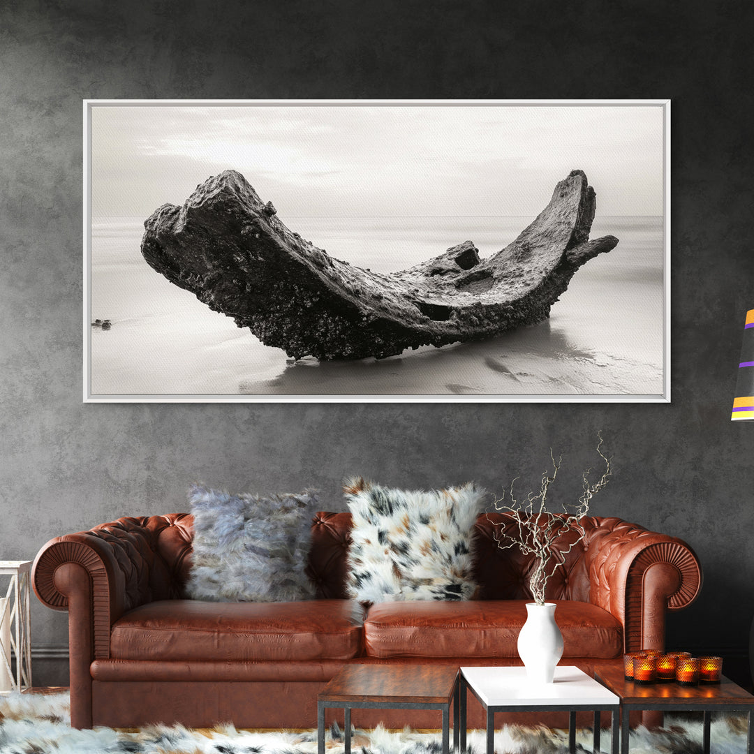 Coastal Shipwreck, Moody Beach, Driftwood Aesthetic, Minimalist Seascape, Canvas Print, Nautical Wall Art, Bathroom Decor, Ocean Art