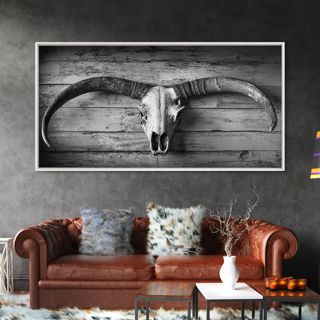 Bull Skull, Rustic Horns, Western Cabin Decor, Weathered Wood, Framed Canvas Print, Farmhouse Wall Art, Cowboy Office Decor, Rustic Wall Art