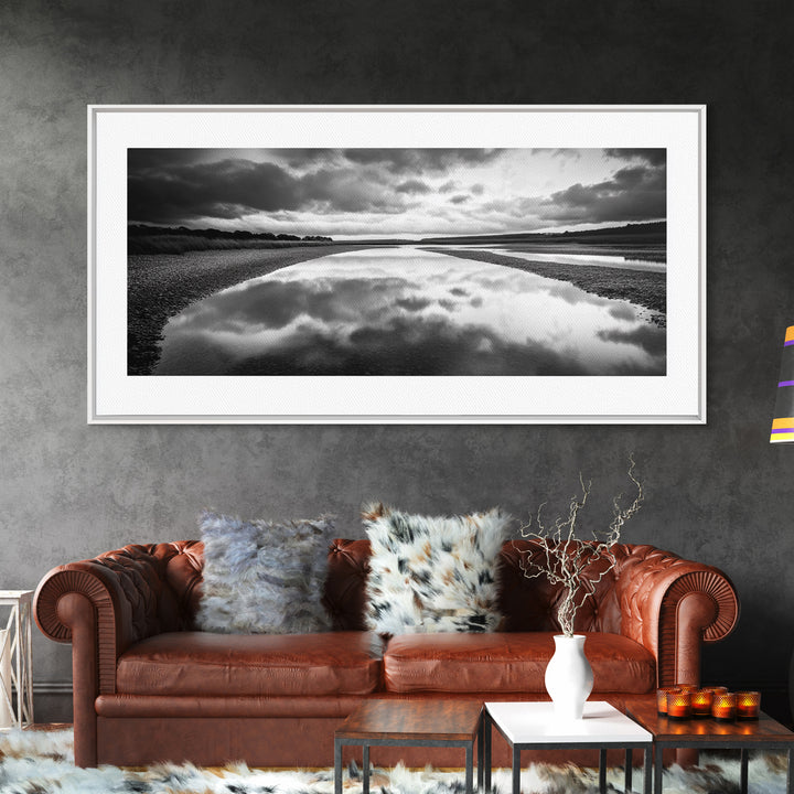 River Reflection, Cloudy Sky, Calm Nature Path, Modern Monochrome, Framed Canvas Print, Bedroom Wall Art, Minimalist Landscape Art