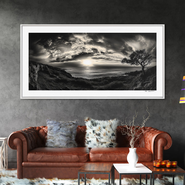 Dramatic Ocean Sunset, Coastal Tree, Monochrome Landscape, Canvas Print, Living Room Wall Art, Surreal Nature View, Oceanview Print