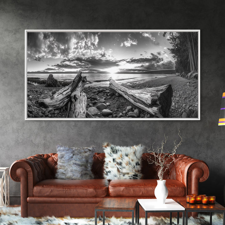 Driftwood Coastline, Rocky Beach Sunset, Nature Wall Art, Framed Canvas Print, Rustic Lake House Decor, Fall Coastal Aesthetic