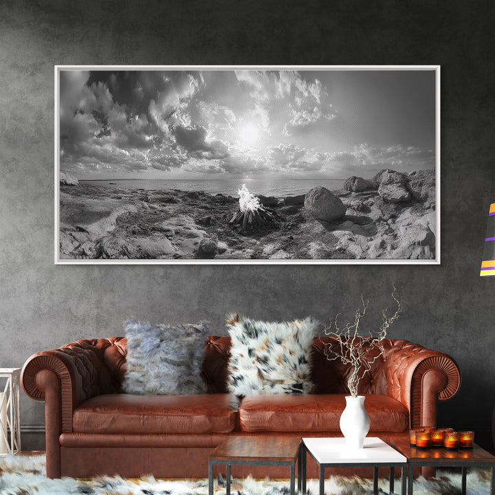 Coastal Campfire, Ocean Sunset, Rocky Shore, Bonfire Glow, Canvas Print, Nature Wall Art, Autumn Cabin Decor, Outdoor Retreat Style