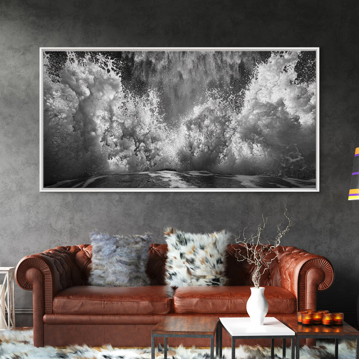 Ocean Splash, Sea Foam, Abstract Water, Coastal Waves, Framed Canvas Print, bathroom wall art, modern ocean photography, moody water art