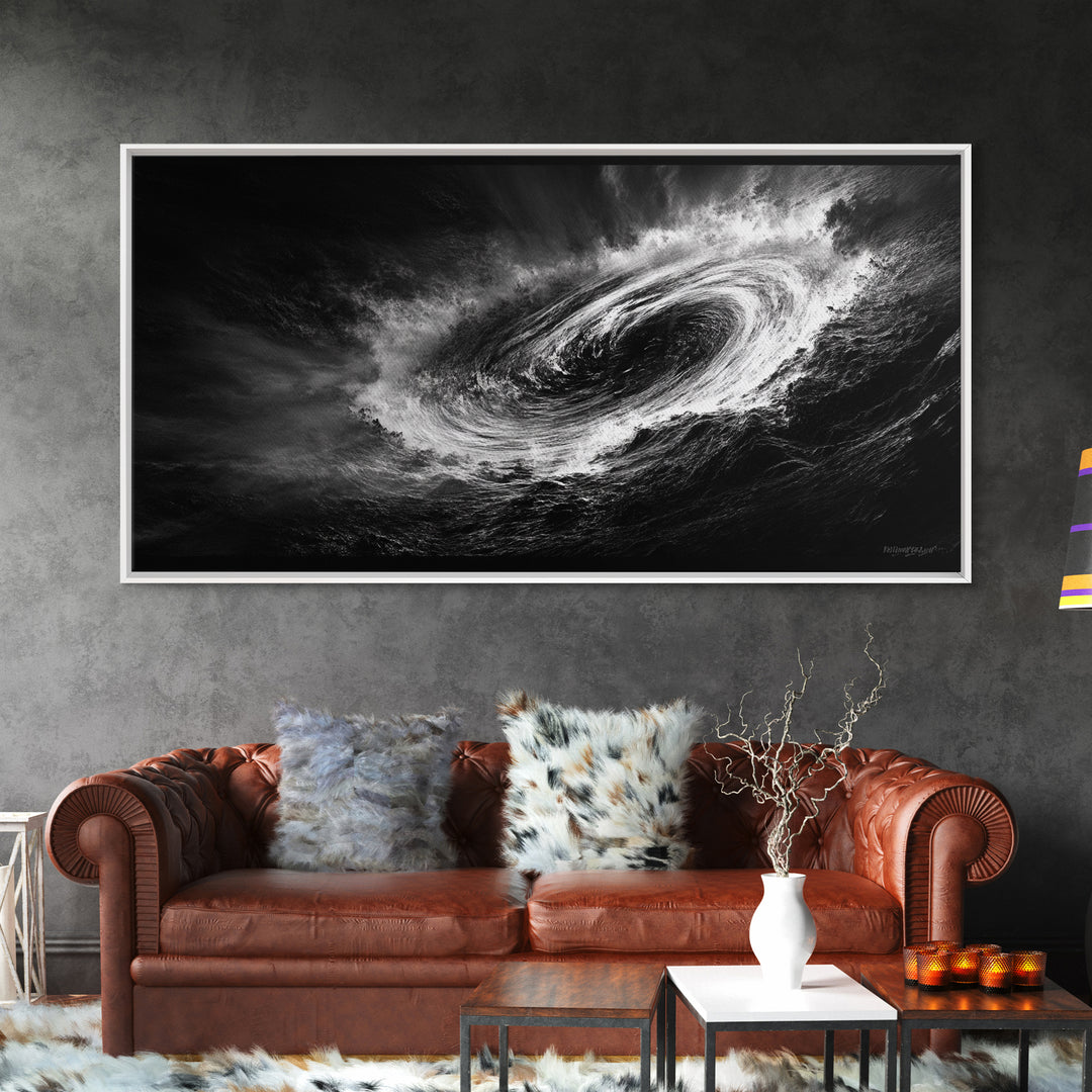 Ocean Vortex, Dramatic Waves, Sea Swirl, Storm Art, Framed Canvas Print, dark abstract art, gaming room decor, black and white power art