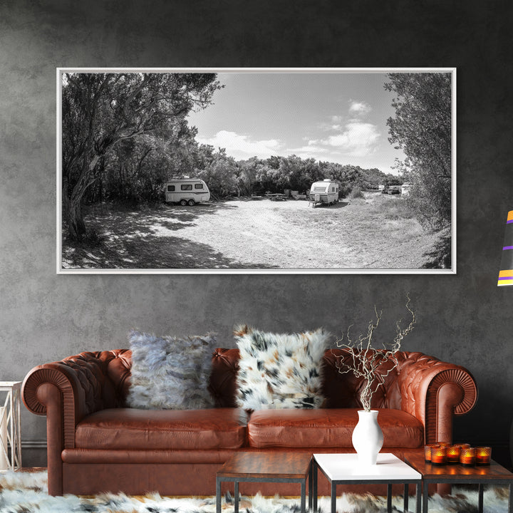 Camper Vans, Nature Escape, Forest Glamping, Sunny Grove, Canvas Print, Rustic Wall Art, Adventure Lover Gift, Living Room Decor