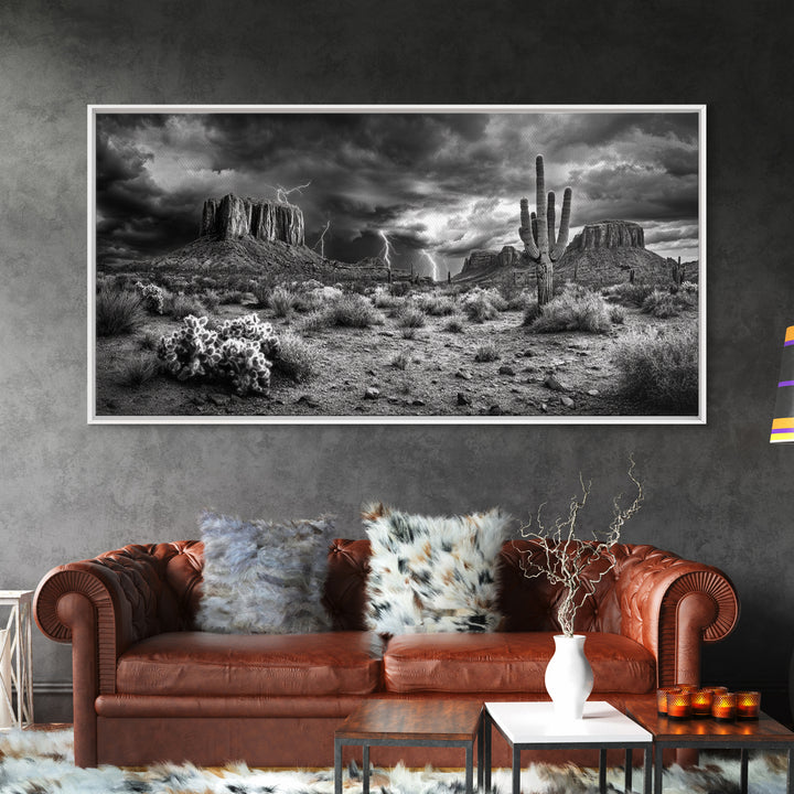 Desert Storm Scene, Lightning Landscape, Southwest Art, Dramatic Skies, Framed Canvas Print, Western Wall Art, Rustic Living Room Decor