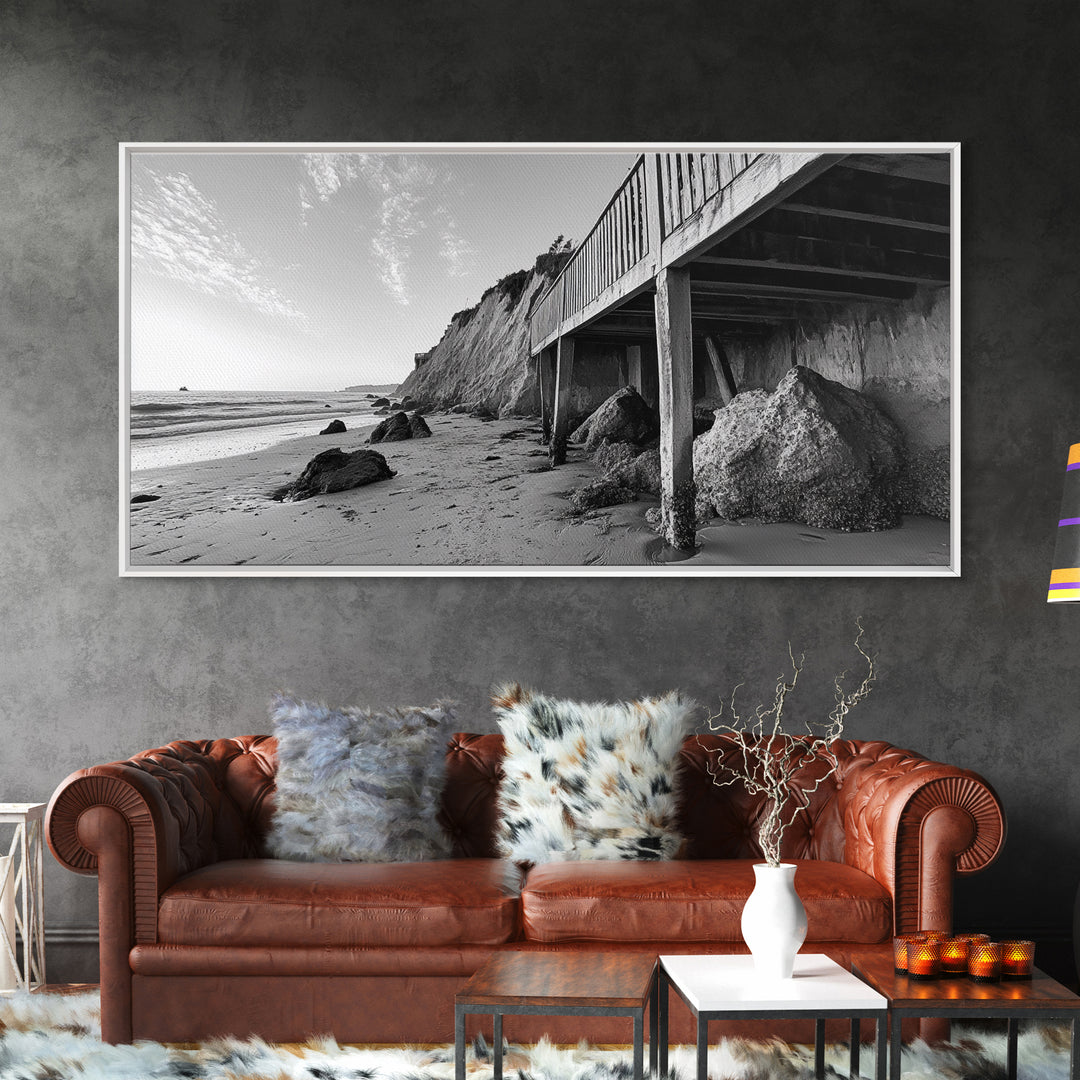 Coastal Cliff View, Seaside Escape, Beachside Structure, Framed Canvas Print, Rustic Wall Art, Modern Coastal Living Room Decor