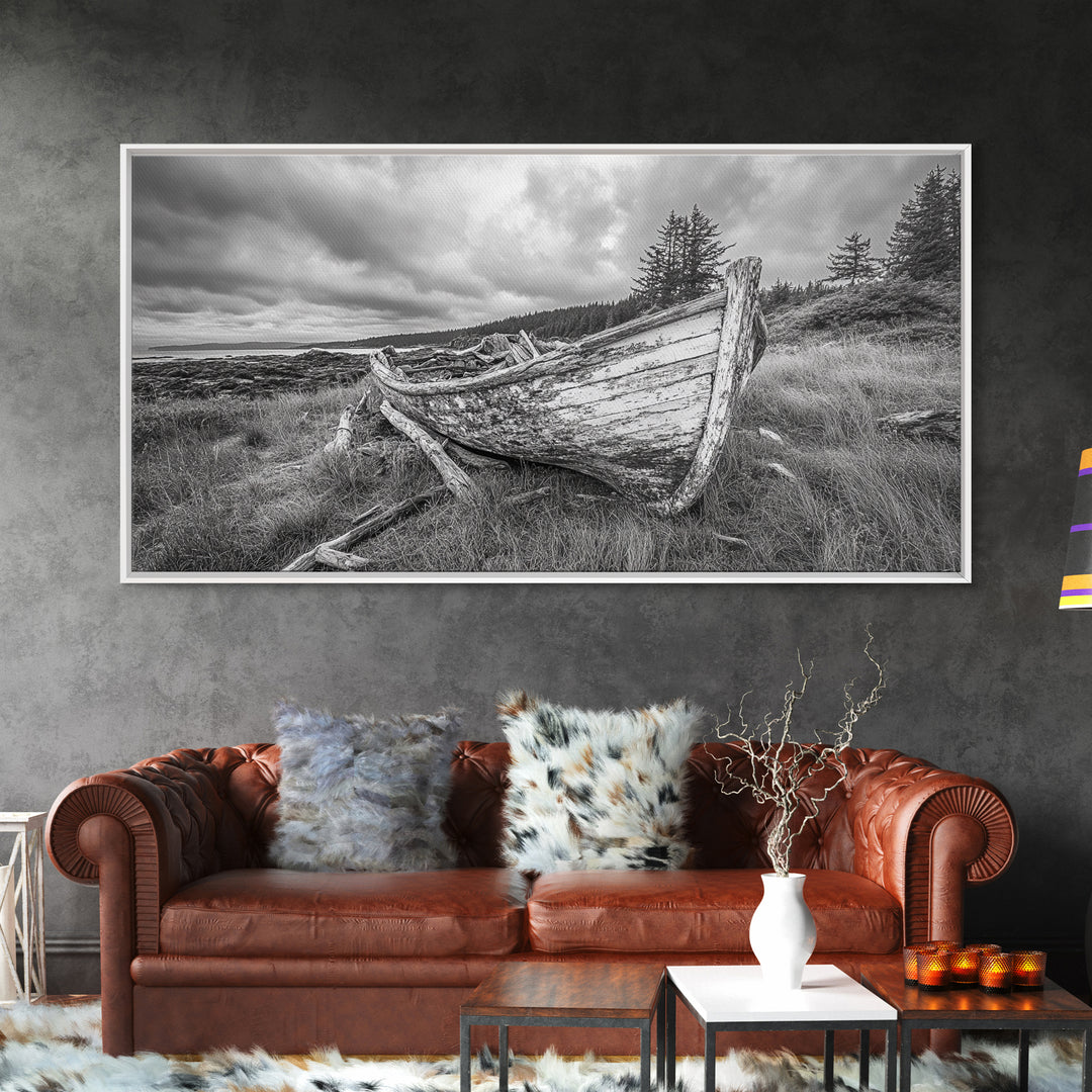Abandoned Boat, Weathered Vessel, Coastal Forest, Framed Canvas Print, Farmhouse Wall Art, Rustic Cabin Decor, Autumn Vibe, Living Room Art