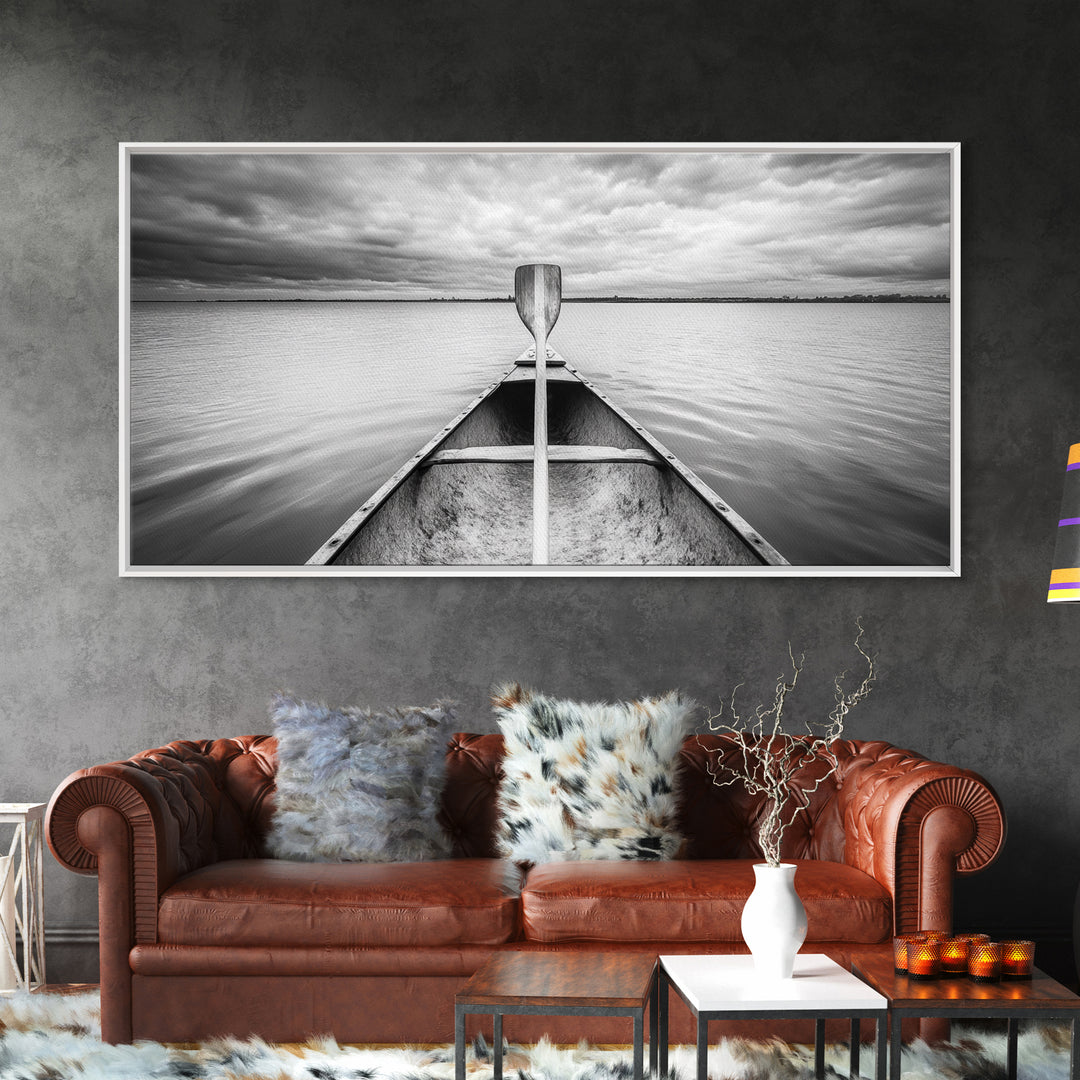 Canoe Lake, Adventure Paddle, Calm Waters, Cloudy Sky, Framed Canvas Print, Minimalist Art, Office Wall Decor, Nature Lover Style