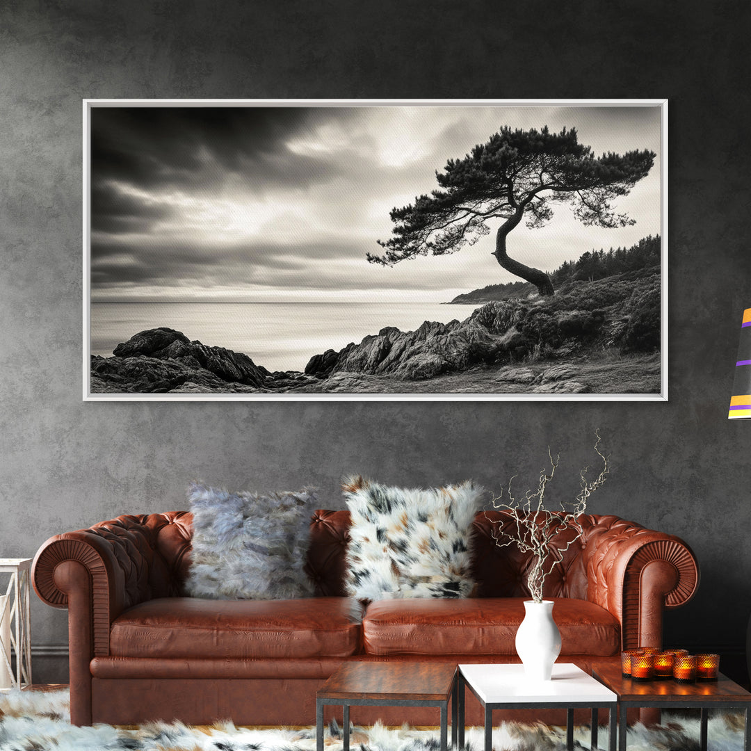 Coastal Tree, Windswept Cliff, Serene Horizon, Nature Escape, Framed Canvas Print, minimalist wall art, bedroom decor, zen nature print