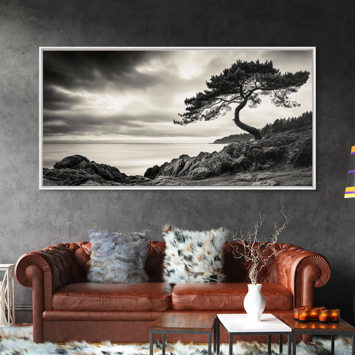 Coastal Tree, Windswept Cliff, Serene Horizon, Nature Escape, Framed Canvas Print, minimalist wall art, bedroom decor, zen nature print