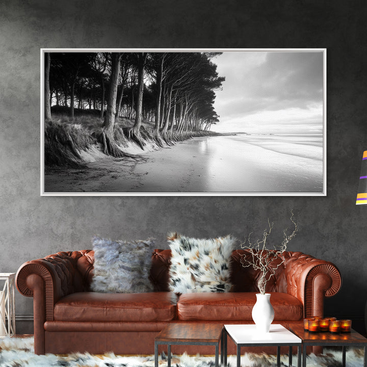 Pine Trees, Sandy Beach, Coastal Serenity, Driftwood Shore, Framed Canvas Print, neutral wall art, coastal rustic style, entryway landscape