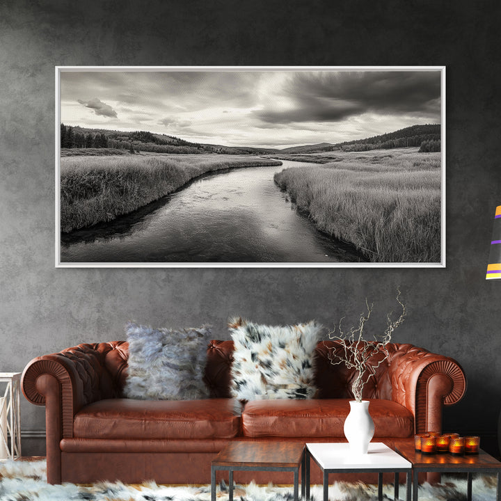 River Valley, Flowing Stream, Grassy Hills, Wilderness Calm, Framed Canvas Print, rustic home decor, Fall art, cabin wall landscape print