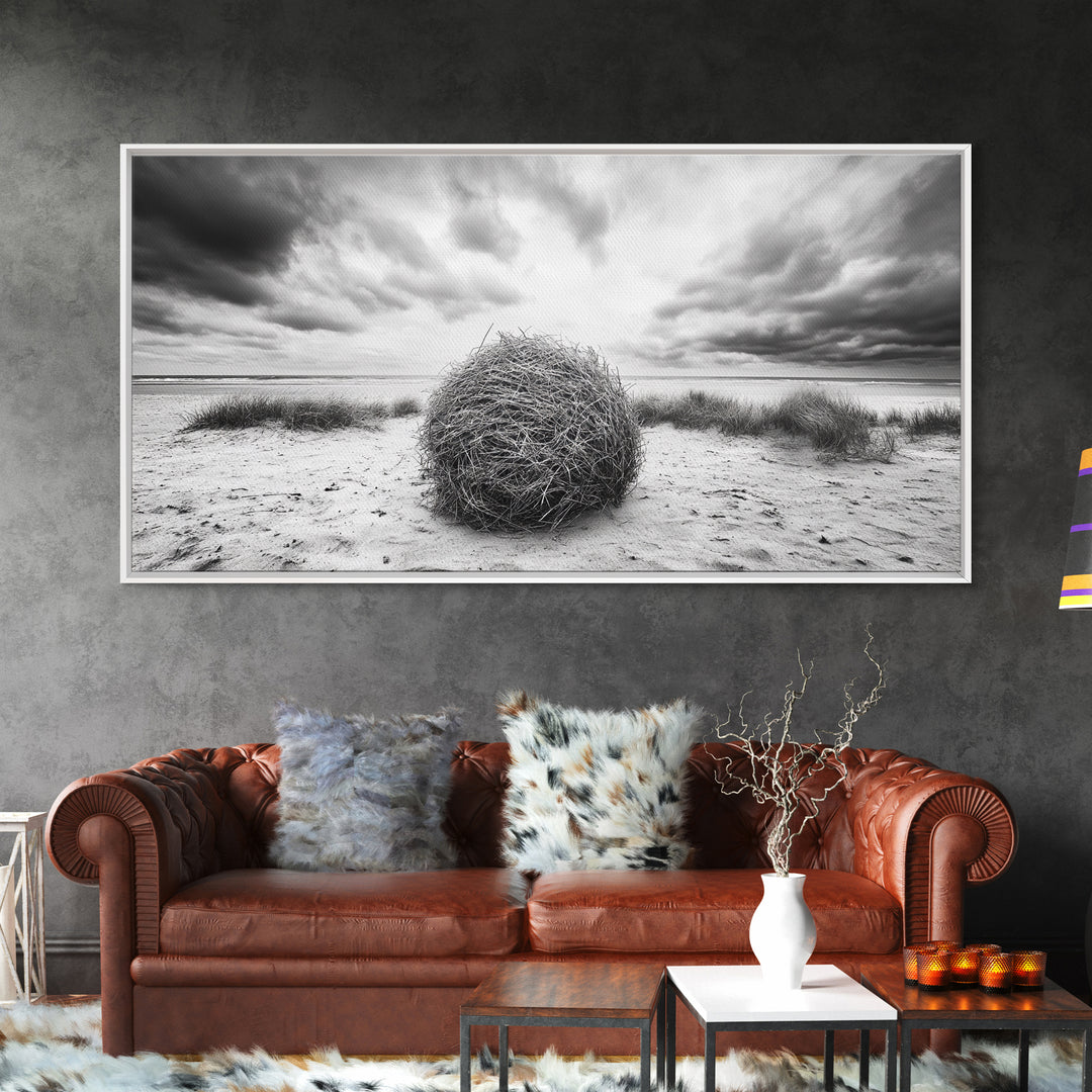 Desert Tumbleweed, Western Landscape, Stormy Sky, Framed Canvas Print, Rustic Farmhouse Wall Art, Fall Decor, Minimalist Western Art