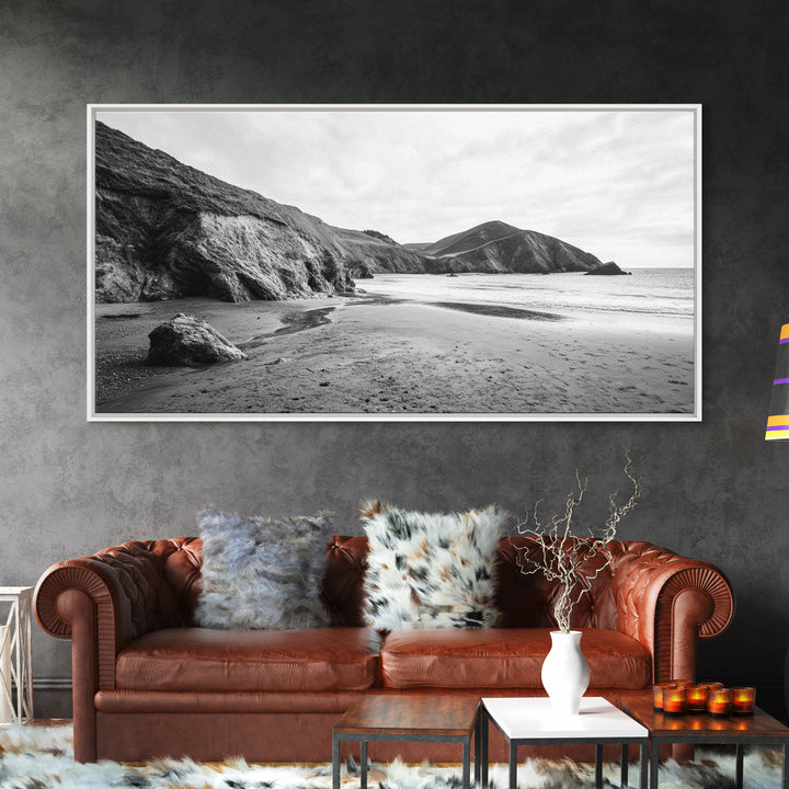 Coastal Cliffs, Ocean Shore, Scenic Beach, Framed Canvas Print, Nature Photography, Bathroom Wall Art, Neutral Tones, Coastal Home Decor