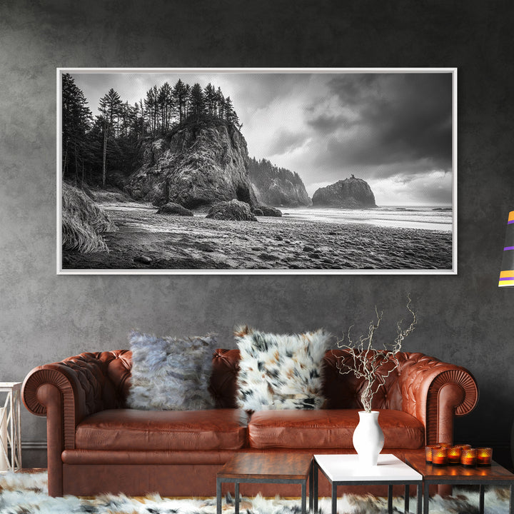 Coastal Rocks, Forest Cliffs, Moody Ocean, Framed Canvas Print, Pacific Northwest Wall Art, Dramatic Seascape, Autumn Nature Photography
