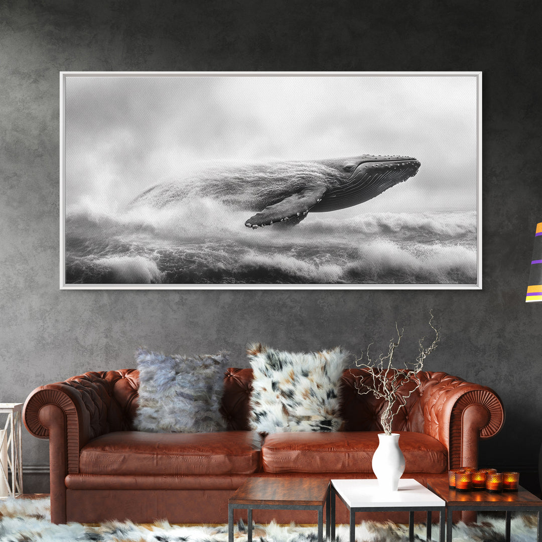 Breaching Whale, Ocean Waves, Marine Power, Framed Canvas Print, Nautical Bathroom Wall Art, Whale Watching Theme, Coastal Photography Art