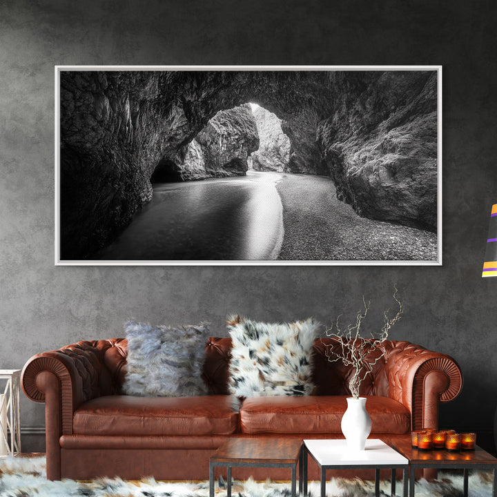 Ocean Cave Flow, Coastal Rock Wall Art, Moody Nature Seascape, Black White Beach Decor, Boho Bathroom Accent, Canvas Print, Monochrome Art