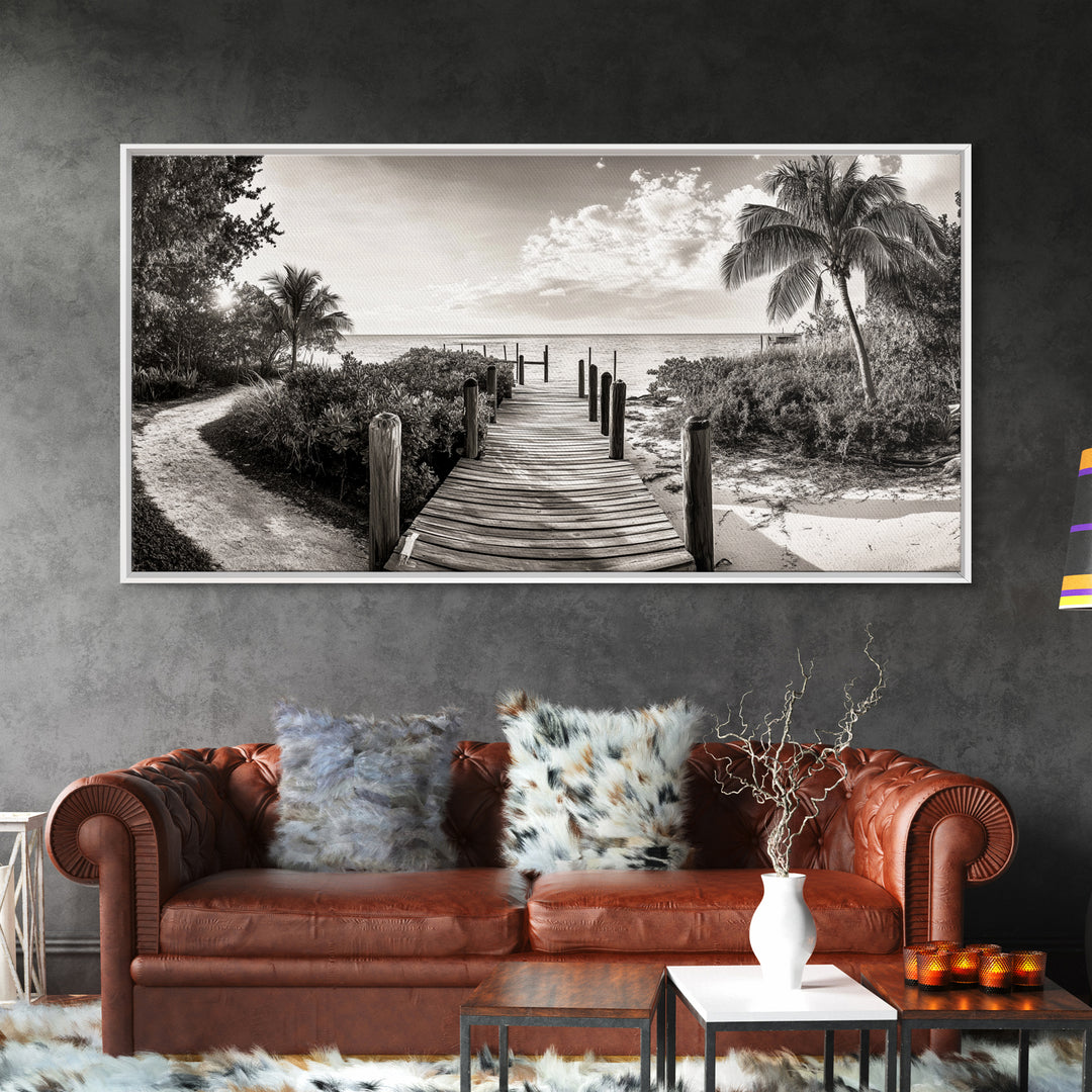 Beach Path, Coastal Dock, Tropical Palms, Canvas Print, Vacation Vibes, Boho Seaside Decor, Bathroom Wall Art, Nautical Island Landscape