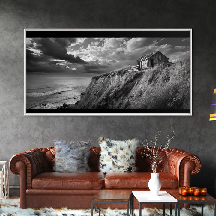 Cliff Cabin, Stormy Coast, Ocean Bluff, Dramatic Skies, Canvas Print, Moody Nature Art, Living Room Accent, Fall Season Decor